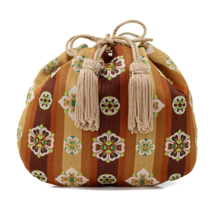Nishijin-ori Small Drawstring Bag - Flower / Brown -, Made in Kyoto, Japan, Japanese traditional craft purse