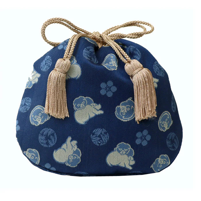 Nishijin-ori Small Drawstring Bag - Dog / Navy Blue -, Made in Kyoto, Japan, Japanese traditional craft purse