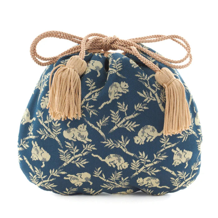 Nishijin-ori Small Drawstring Bag - Bamboo Groves and Cats / Navy Blue -, Made in Kyoto, Japan, Japanese traditional craft purse