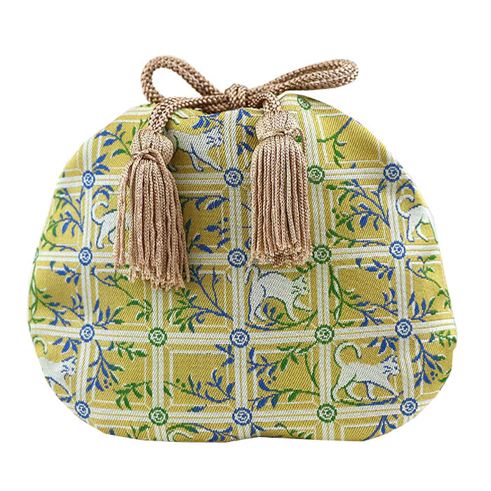 Nishijin-ori Small Drawstring Bag - Cat / Yellow -, Made in Kyoto, Japan, Japanese traditional craft purse