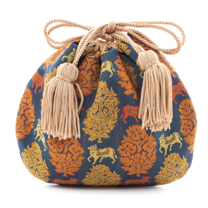 Nishijin-ori Small Drawstring Bag - Bull / Navy Blue -, Made in Kyoto, Japan, Japanese traditional craft purse