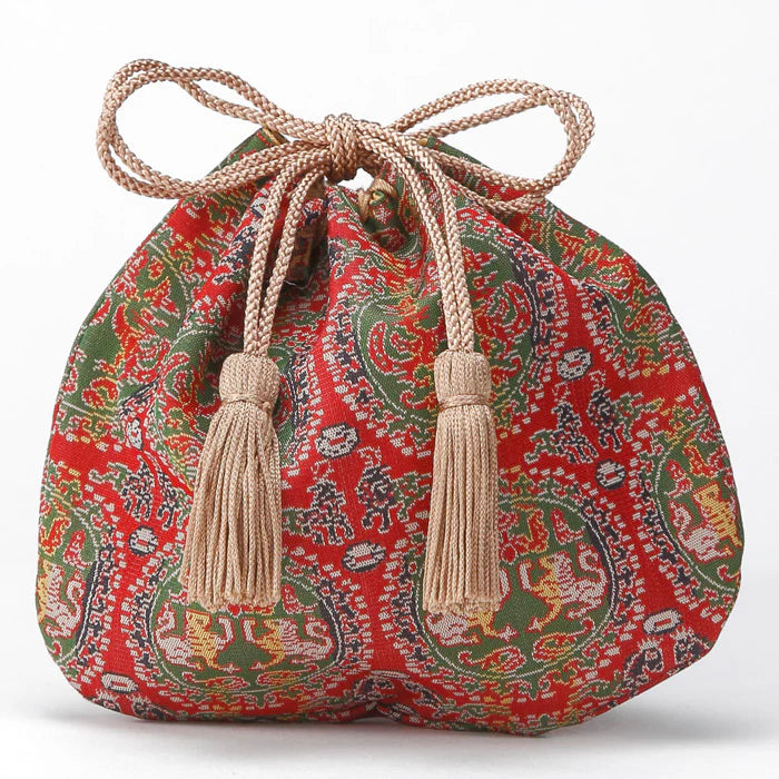 Nishijin-ori Small Drawstring Bag - White Tiger and Phoenix / Red -, Made in Kyoto, Japan, Japanese traditional craft purse