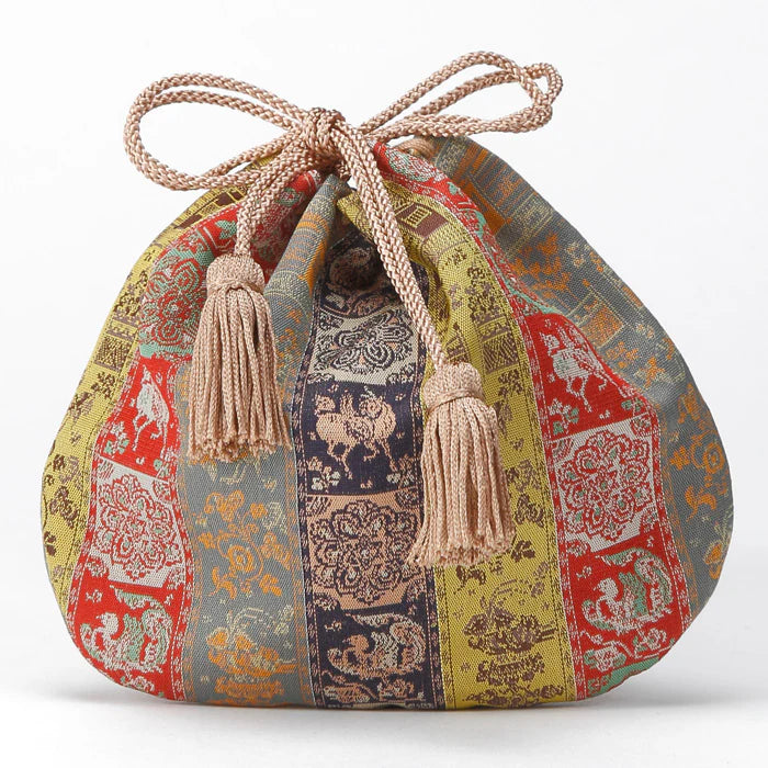 Nishijin-ori Small Drawstring Bag - Wildlife and Flower -, Made in Kyoto, Japan, Japanese traditional craft purse
