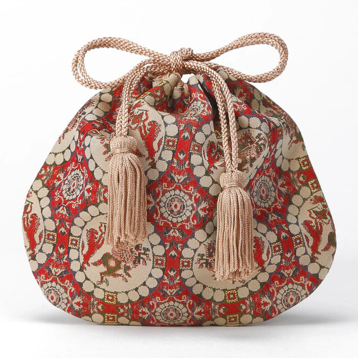 Nishijin-ori Small Drawstring Bag - Lion Hunter / Red -, Made in Kyoto, Japan, Japanese traditional craft purse