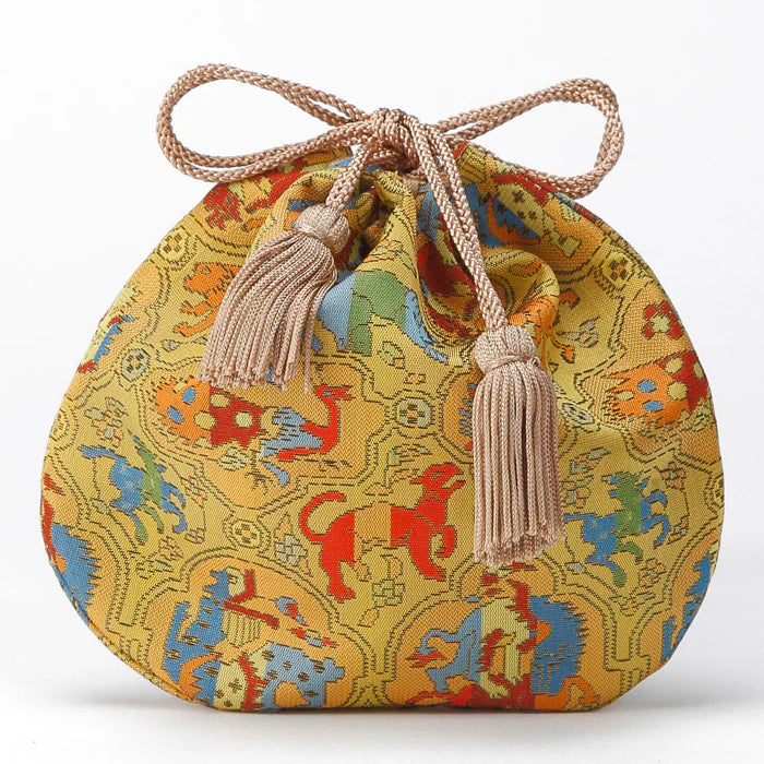Nishijin-ori Small Drawstring Bag - Biting Lions, Birds, and Miscellaneous Animal / Gold -, Made in Kyoto, Japan, Japanese traditional craft purse