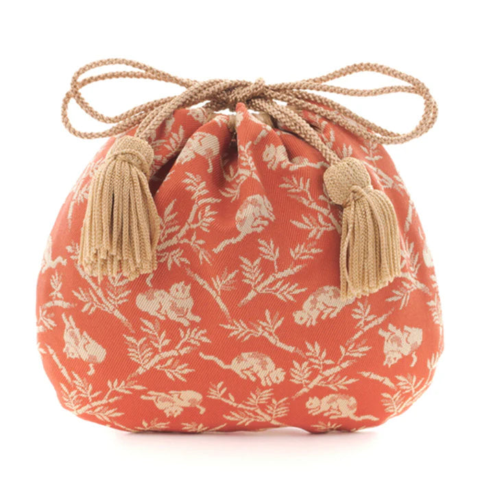 Nishijin-ori Small Drawstring Bag - Bamboo Groves and Cats / Rose -, Made in Kyoto, Japan, Japanese traditional craft purse