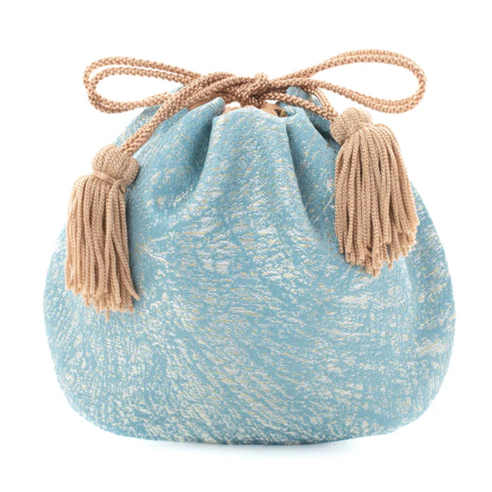 Nishijin-ori Small Drawstring Bag - Crumpled Pattern / Blue -, Made in Kyoto, Japan, Japanese traditional craft purse