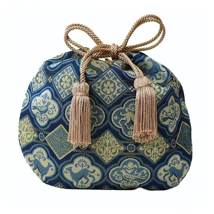 Nishijin-ori Small Drawstring Bag - Dog in Sacred Medallion / Navy Blue -, Made in Kyoto, Japan, Japanese traditional craft purse