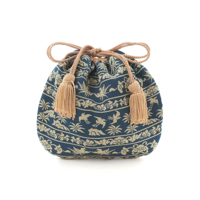 Nishijin-ori Small Drawstring Bag - Bird / Navy Blue -, Made in Kyoto, Japan, Japanese traditional craft purse