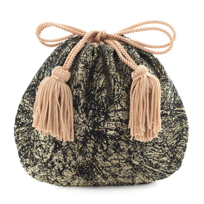 Nishijin-ori Small Drawstring Bag - Crumpled Pattern / Gold and Black -, Made in Kyoto, Japan, Japanese traditional craft purse