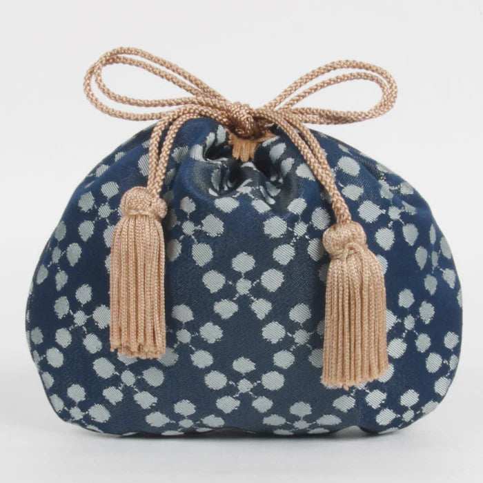 Nishijin-ori Small Drawstring Bag - Plum Blossom / Navy Blue -, Made in Kyoto, Japan, Japanese traditional craft purse