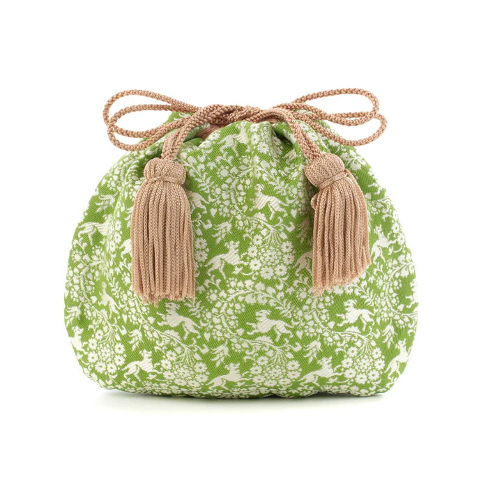 Nishijin-ori Small Drawstring Bag - Flower and Dog / Khaki Green -, Made in Kyoto, Japan, Japanese traditional craft purse