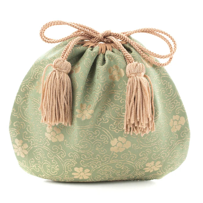 Nishijin-ori Small Drawstring Bag - Chrysanthemum and Peony Flowers / Green -, Made in Kyoto, Japan, Japanese traditional craft purse