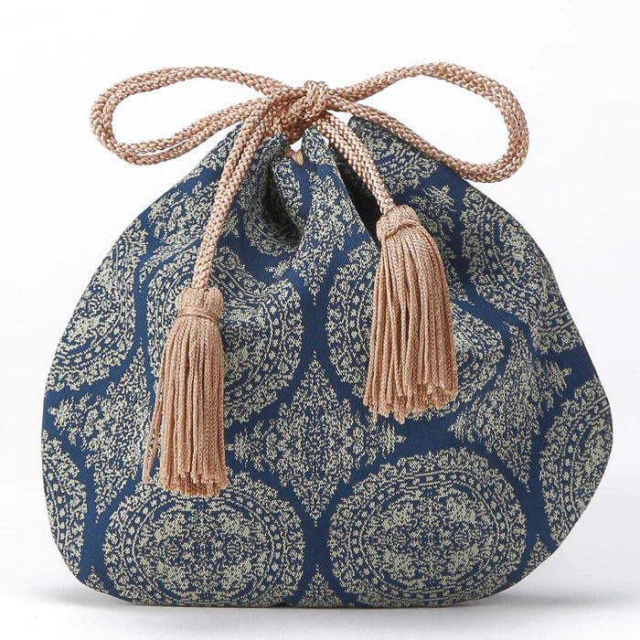 Nishijin-ori Small Drawstring Bag - Hunting Scene / Navy Blue -, Made in Kyoto, Japan, Japanese traditional craft purse