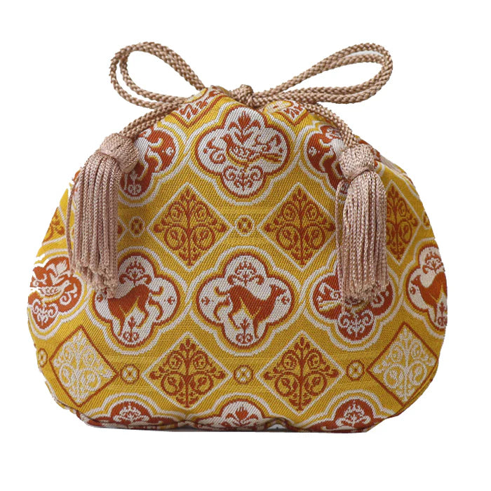 Nishijin-ori Small Drawstring Bag - Dog in Sacred Medallion / Yellow -, Made in Kyoto, Japan, Japanese traditional craft purse