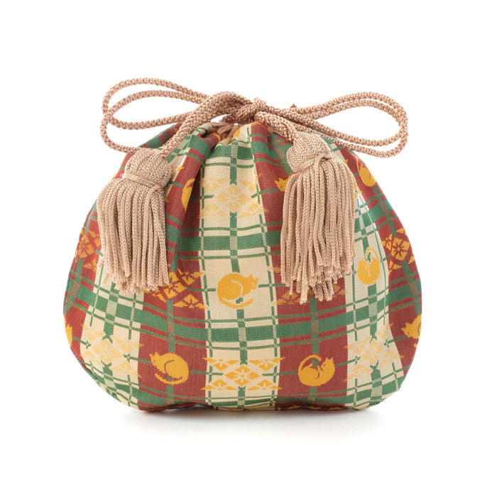 Nishijin-ori Small Drawstring Bag - Cat / Brown -, Made in Kyoto, Japan, Japanese traditional craft purse
