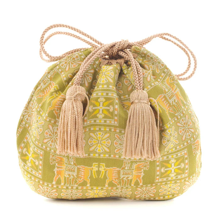 Nishijin-ori Small Drawstring Bag - Horse / Green -, Made in Kyoto, Japan, Japanese traditional craft purse