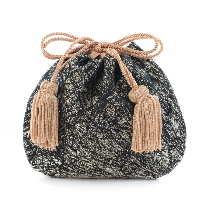 Nishijin-ori Small Drawstring Bag - Crumpled Pattern / Silver and Black -, Made in Kyoto, Japan, Japanese traditional craft purse