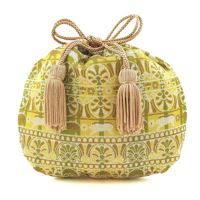 Nishijin-ori Small Drawstring Bag - Boar / Khaki Green -, Made in Kyoto, Japan, Japanese traditional craft purse