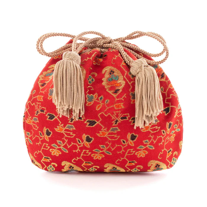 Nishijin-ori Small Drawstring Bag - Flower, Fruit, and Tree / Red -, Made in Kyoto, Japan, Japanese traditional craft purse