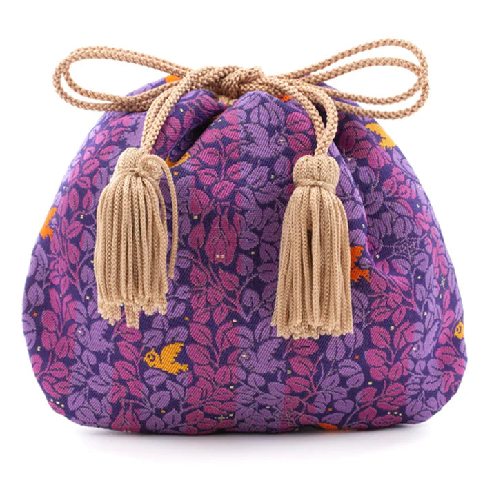 Nishijin-ori Small Drawstring Bag - Awl, hidden Bat and Cat -, Made in Kyoto, Japan, Japanese traditional craft purse