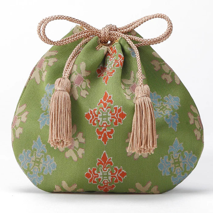 Nishijin-ori Small Drawstring Bag - Flower / Green -, Made in Kyoto, Japan, Japanese traditional craft purse