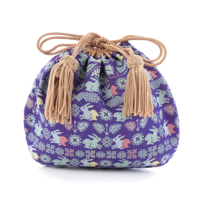 Nishijin-ori Small Drawstring Bag - Flower and Rabbit / Lapis Lazuli -, Made in Kyoto, Japan, Japanese traditional craft purse