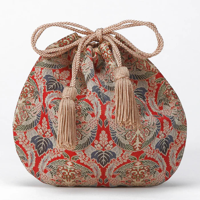 Nishijin-ori Small Drawstring Bag - Flower and Phoenix / Red -, Made in Kyoto, Japan, Japanese traditional craft purse