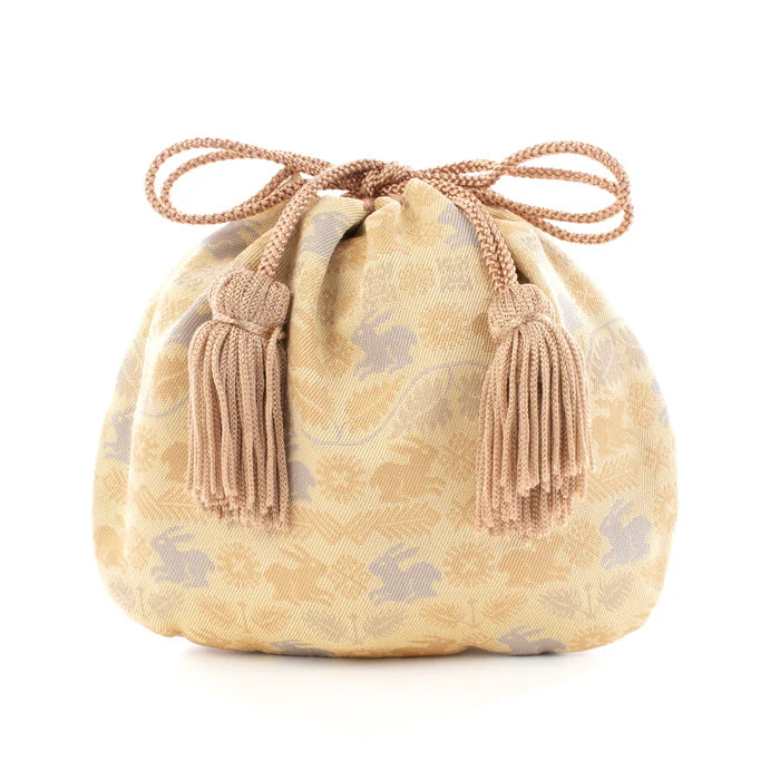 Nishijin-ori Small Drawstring Bag - Flower and Rabbit / Cream Yellow -, Made in Kyoto, Japan, Japanese traditional craft purse