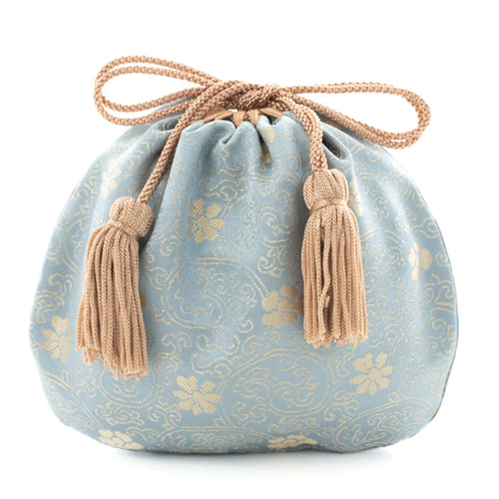 Nishijin-ori Small Drawstring Bag - Chrysanthemum and Peony Flowers / Blue -, Made in Kyoto, Japan, Japanese traditional craft purse
