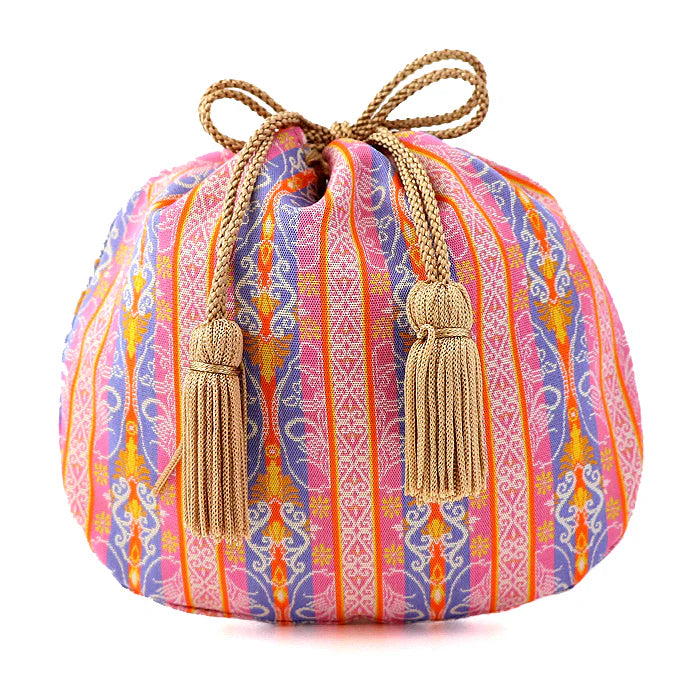 Nishijin-ori Small Drawstring Bag - Flower and Boar / Lavender -, Made in Kyoto, Japan, Japanese traditional craft purse
