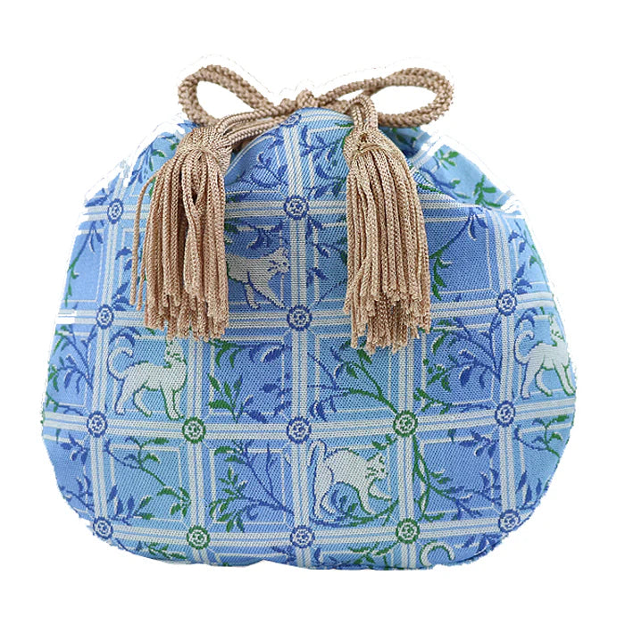 Nishijin-ori Small Drawstring Bag - Cat / Blue -, Made in Kyoto, Japan, Japanese traditional craft purse