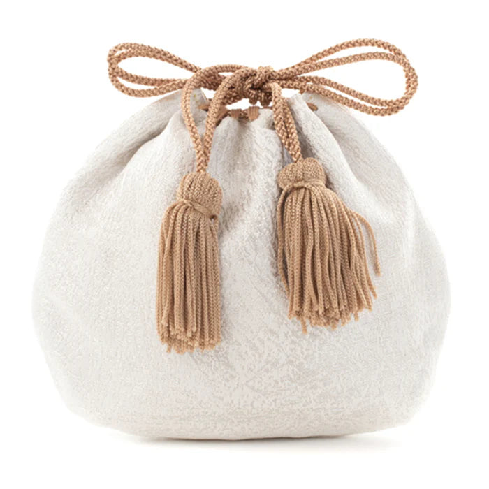 Nishijin-ori Small Drawstring Bag - Crumpled Pattern / Silver and White -, Made in Kyoto, Japan, Japanese traditional craft purse