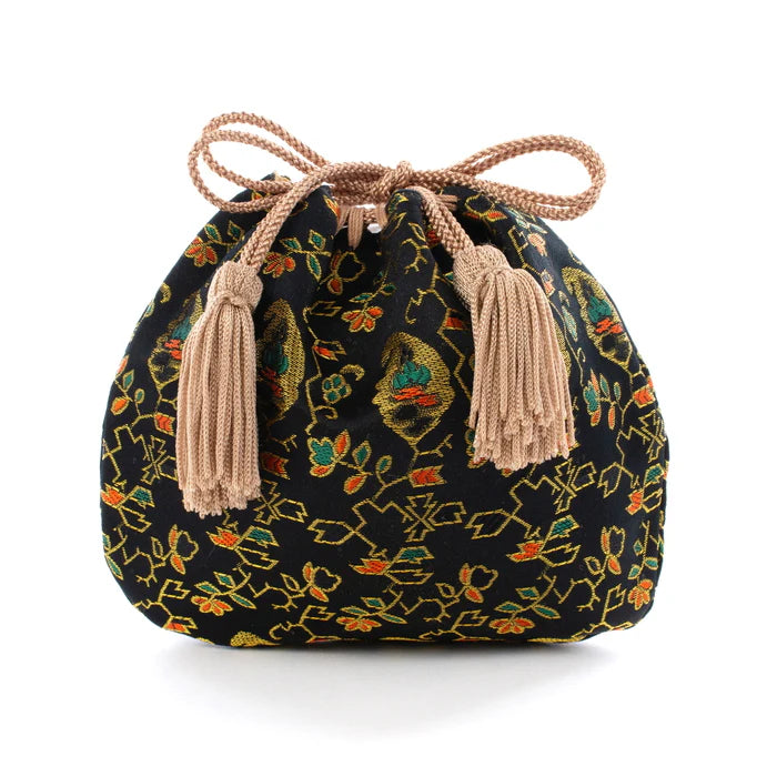Nishijin-ori Small Drawstring Bag - Flower, Fruit, and Tree / Black -, Made in Kyoto, Japan, Japanese traditional craft purse