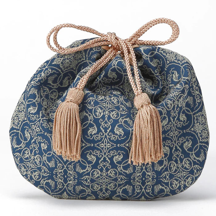 Nishijin-ori Small Drawstring Bag - Grapevine / Navy Blue -, Made in Kyoto, Japan, Japanese traditional craft purse