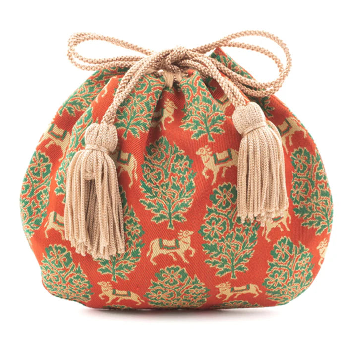 Nishijin-ori Small Drawstring Bag - Bull / Red -, Made in Kyoto, Japan, Japanese traditional craft purse