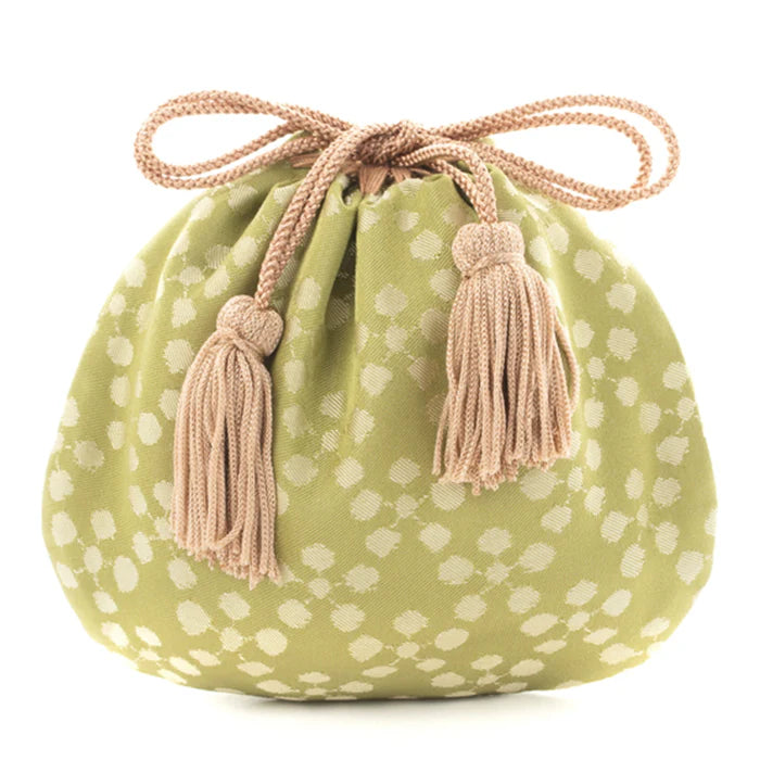 Nishijin-ori Small Drawstring Bag - Plum Blossom / Muted Greenish Yellow -, Made in Kyoto, Japan, Japanese traditional craft purse