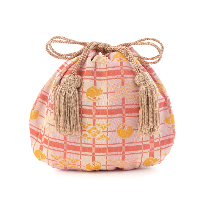 Nishijin-ori Small Drawstring Bag - Cat / Pink -, Made in Kyoto, Japan, Japanese traditional craft purse