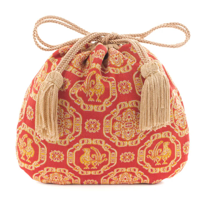 Nishijin-ori Small Drawstring Bag - Cock and Flower / Red -, Made in Kyoto, Japan, Japanese traditional craft purse