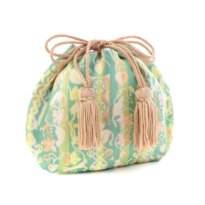 Nishijin-ori Small Drawstring Bag - A CAT IN THE LOVE-SPOON - , Made in Kyoto, Japan, Japanese traditional craft purse