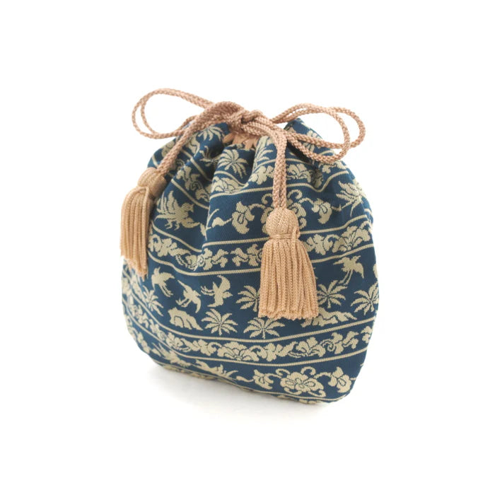 Nishijin-ori Small Drawstring Bag - Bird / Navy Blue -, Made in Kyoto, Japan, Japanese traditional craft purse