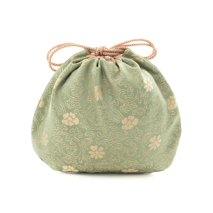 Nishijin-ori Small Drawstring Bag - Chrysanthemum and Peony Flowers / Green -, Made in Kyoto, Japan, Japanese traditional craft purse