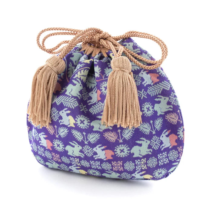 Nishijin-ori Small Drawstring Bag - Flower and Rabbit / Lapis Lazuli -, Made in Kyoto, Japan, Japanese traditional craft purse