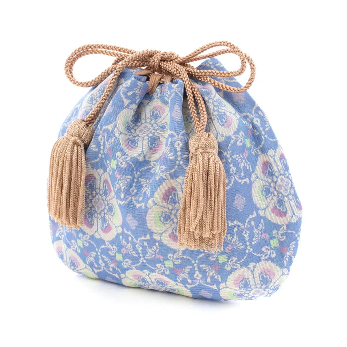 Nishijin-ori Small Drawstring Bag - Flower and Bird / Pale Blue -, Made in Kyoto, Japan, Japanese traditional craft purse