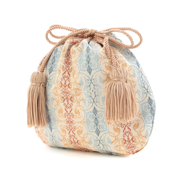 Nishijin-ori Small Drawstring Bag - Grapevine / Brown and Blue -, Made in Kyoto, Japan, Japanese traditional craft purse
