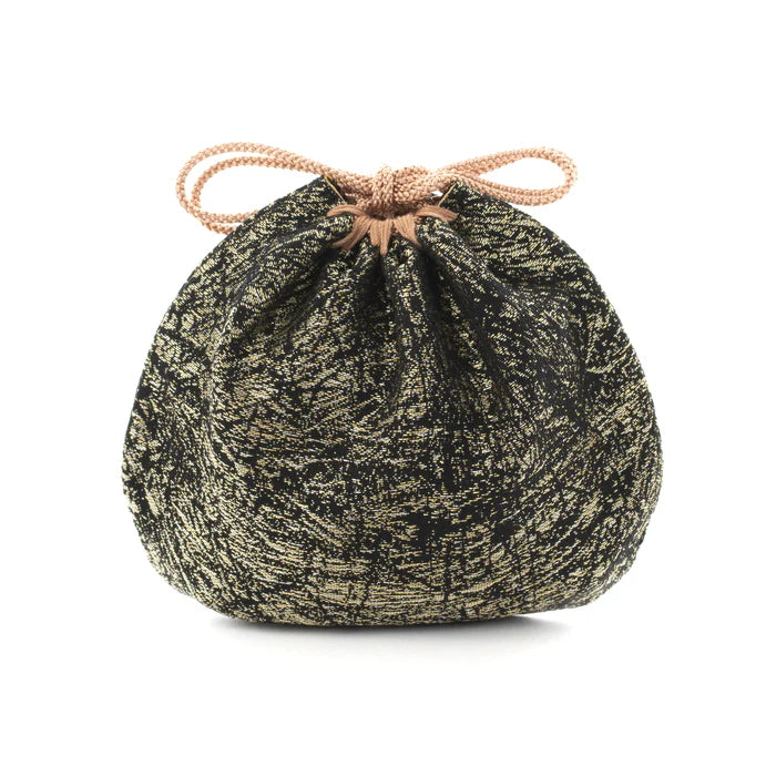 Nishijin-ori Small Drawstring Bag - Crumpled Pattern / Gold and Black -, Made in Kyoto, Japan, Japanese traditional craft purse