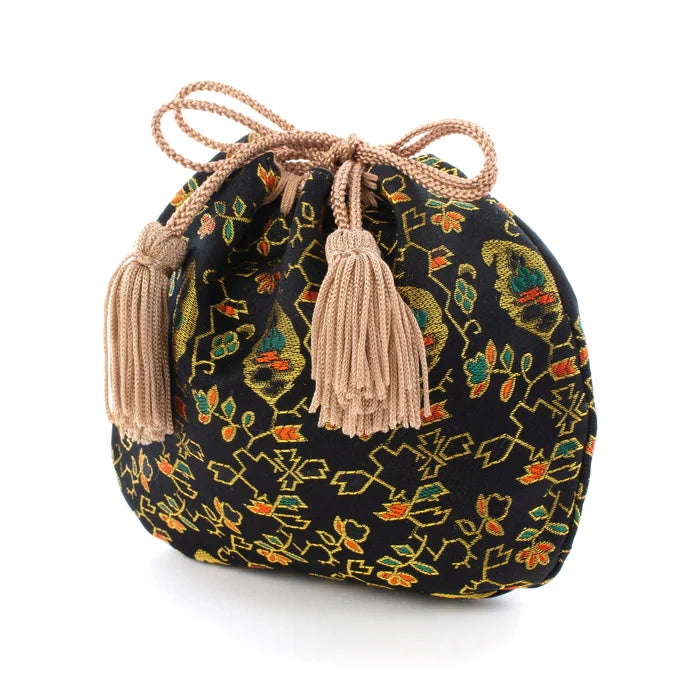 Nishijin-ori Small Drawstring Bag - Flower, Fruit, and Tree / Black -, Made in Kyoto, Japan, Japanese traditional craft purse