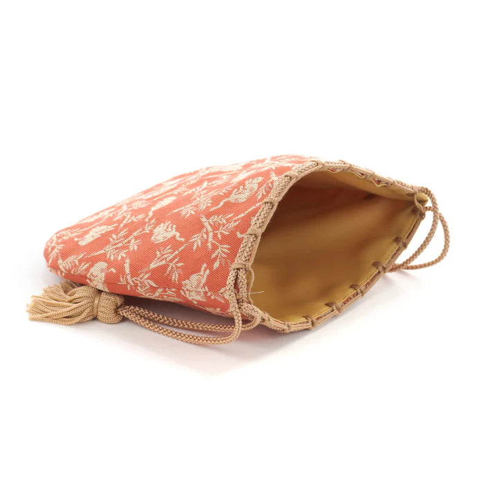 Nishijin-ori Small Drawstring Bag - Bamboo Groves and Cats / Rose -, Made in Kyoto, Japan, Japanese traditional craft purse