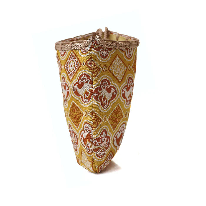 Nishijin-ori Small Drawstring Bag - Dog in Sacred Medallion / Yellow -, Made in Kyoto, Japan, Japanese traditional craft purse