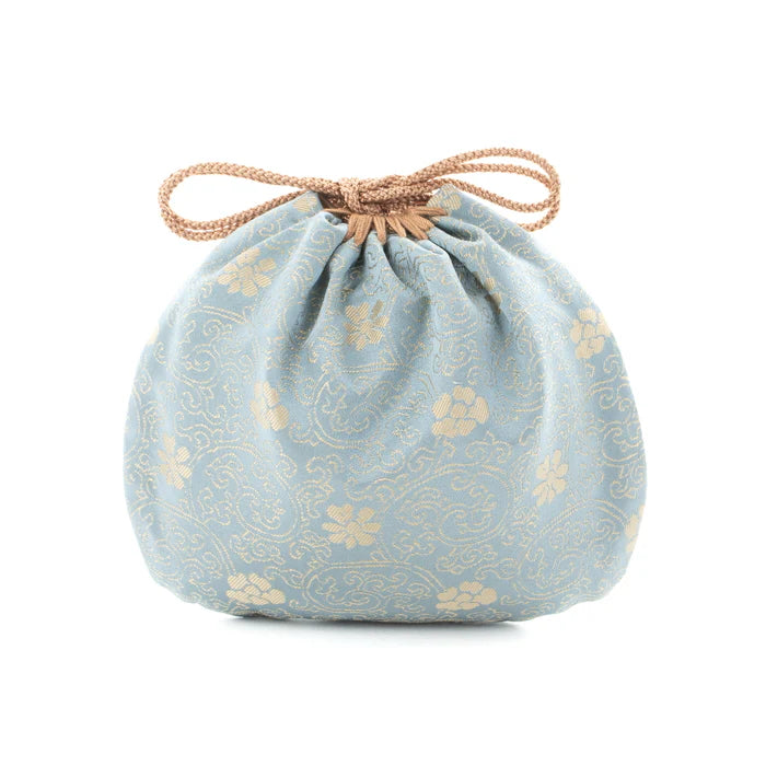 Nishijin-ori Small Drawstring Bag - Chrysanthemum and Peony Flowers / Blue -, Made in Kyoto, Japan, Japanese traditional craft purse